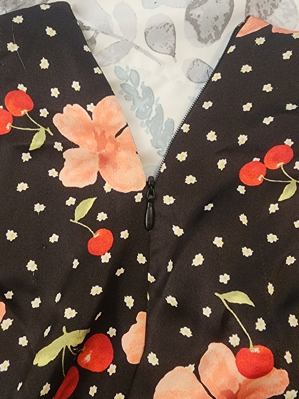 Forever 21 Black Asymmetrical Ruffle Skirt with Pink Floral and Red Cherry Print - Picture 4 of 5